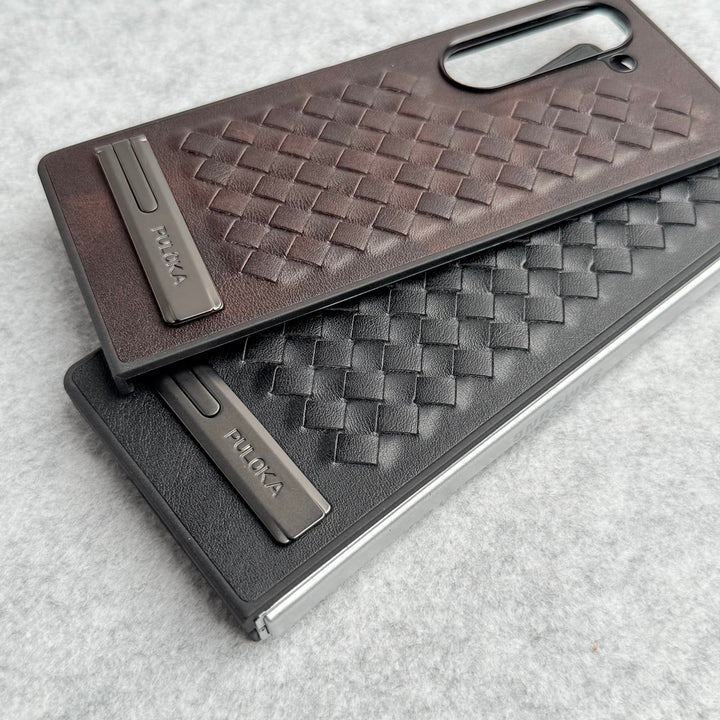 Samsung Galaxy Z Fold 6 PU Weave Leather with Metal Kickstand Slim Back Cover