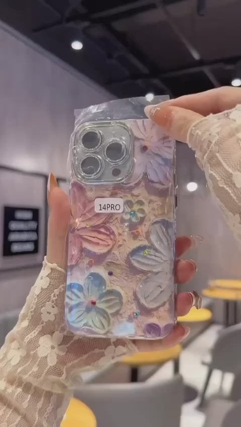 iPhone Luxury 3D Oil Painting Floral Design With Glitter Lens Protection Case Cover